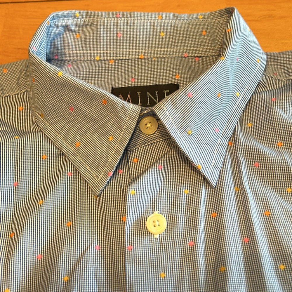 MINE Men’s L Blue gingham w/ Y P & O dots Long sleeve button down EUC